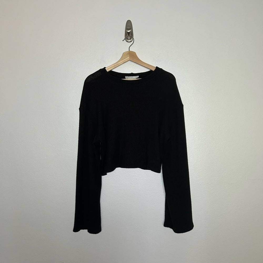 Urban Renewal Cropped Waffle Knit Thermal Sweater Black Sz L